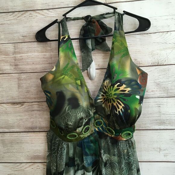 MIDNIGHT VELVET 100% SILK MAXI DRESS IN TROPICAL PRINT - Picture 4 of 12